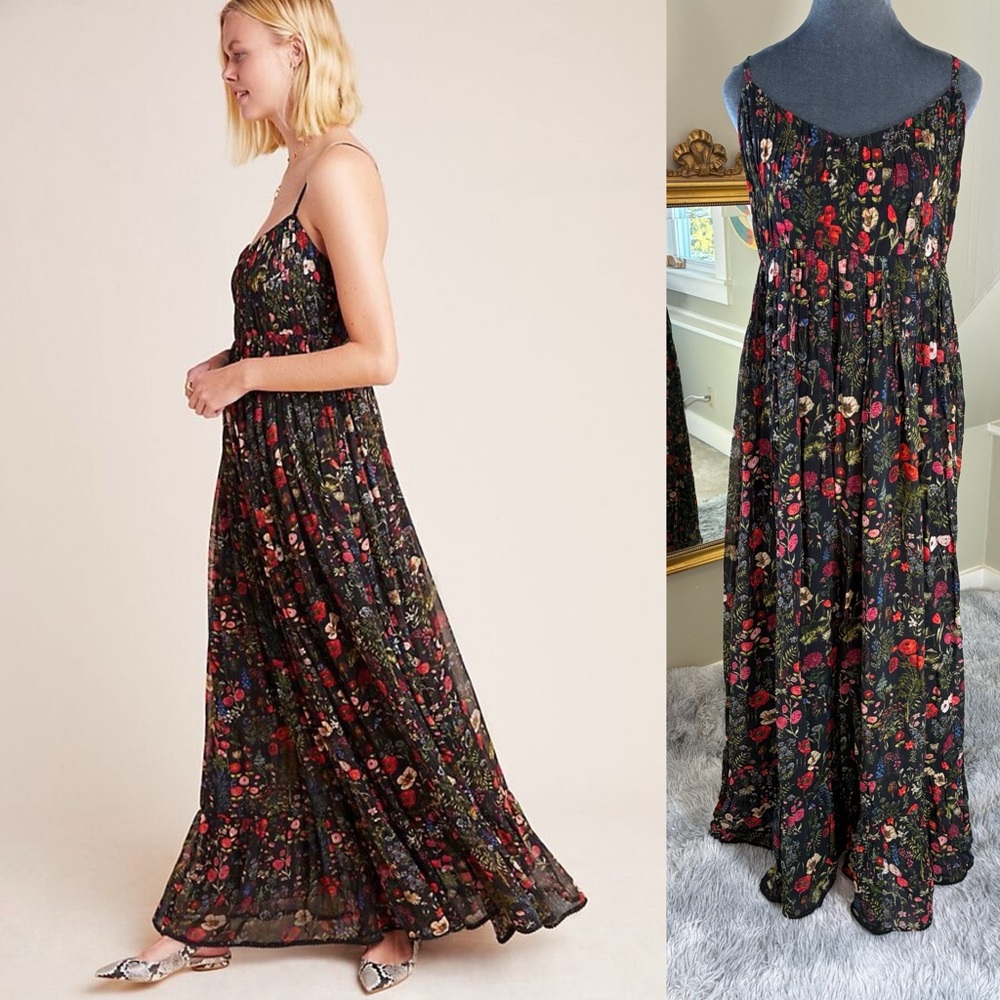 ANTHROPOLOGIE Payal Jain Messina Black Floral Maxi Dress Medium